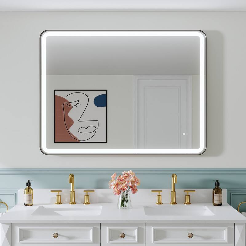 Front. WELLFOR - 48" x 36"Anti-Fog LED Bathroom Mirror, Wall Bathroom Vanity Mirror with Framed Round Corner - Matte Black.