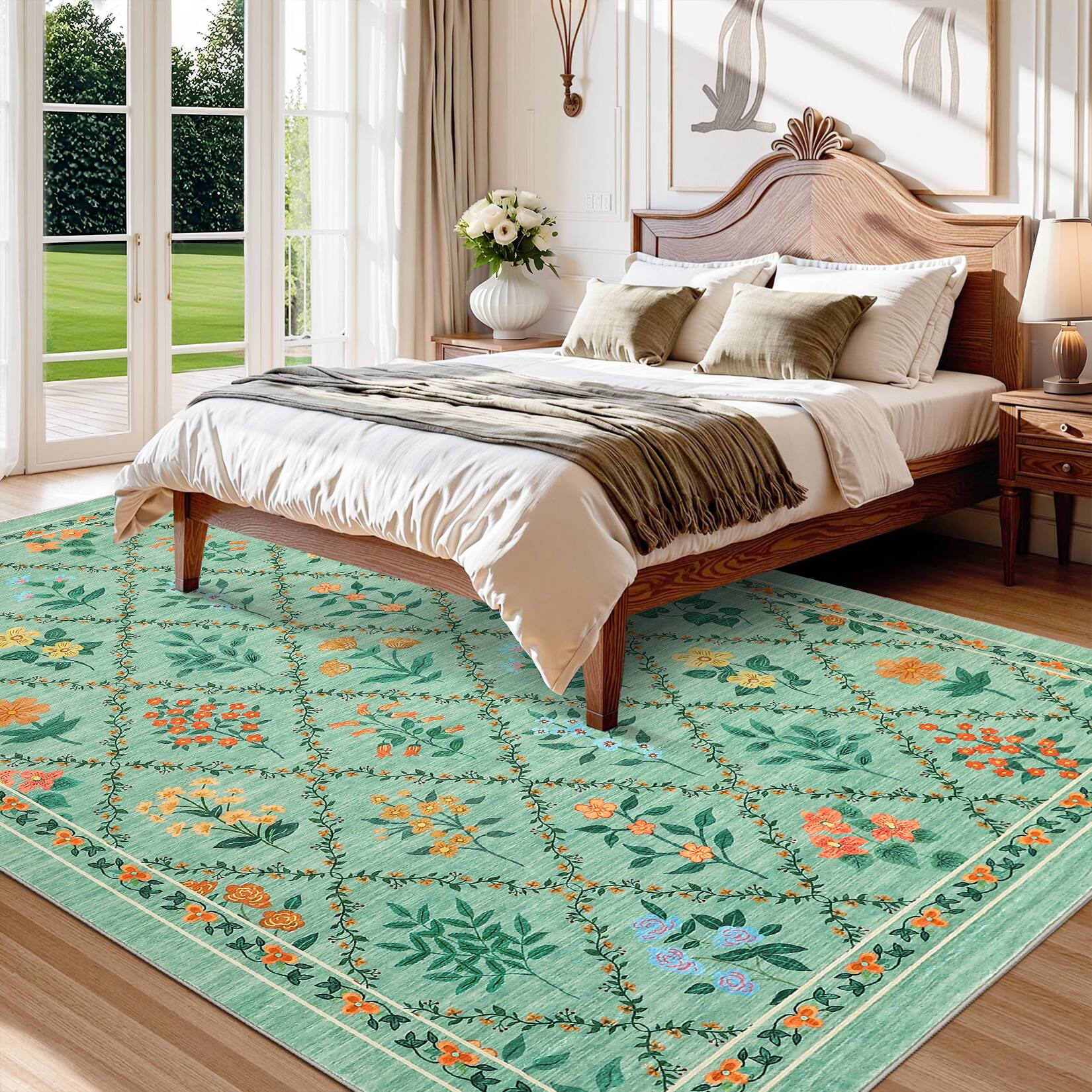 Back. Jojoka - Geometric Pastoral Flower Pattern Washable Area Rug Modern Botanical Design with Non Slip Backing Rug for Home Decor - Green.