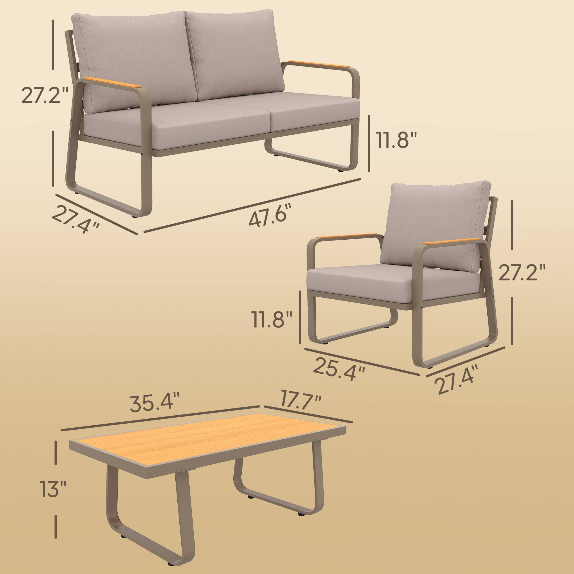 - Sofa:
  - Height: 27.2"
  - Depth: 27.4"
  - Width: 47.6"
  - Seat Height: 11.8"

- Chair:
  - Height: 27.2"
  - Depth: 25.4"
  - Width: 27.4"
  - Seat Height: 11.8"

- Table:
  - Height: 13"
  - Depth: 17.7"
  - Width: 35.4"