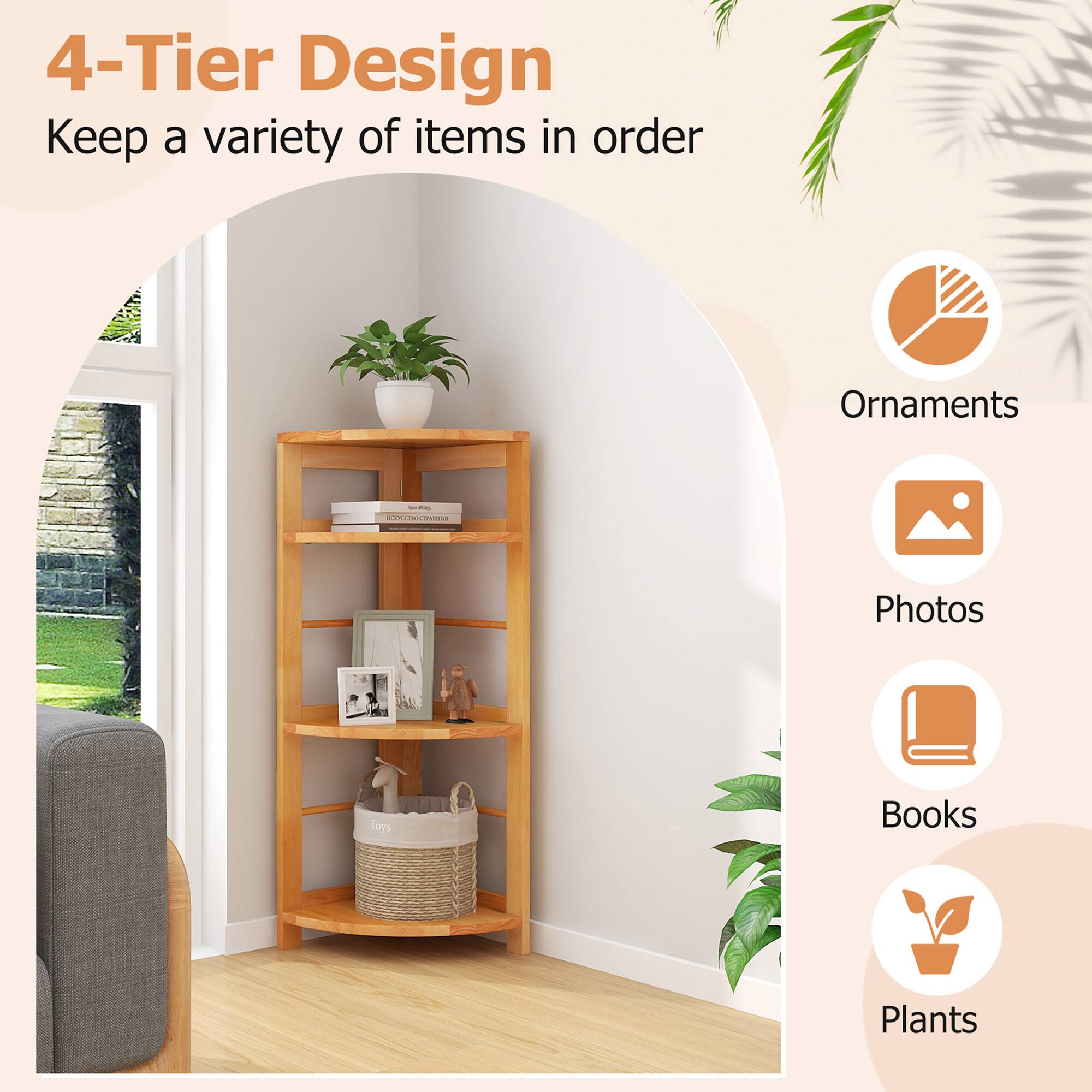 Alt View 5. Gymax - Gymax 4-Tier Corner Shelf w/ Rubber Wood Frame Anti-Toppling Kit Home Office Natural - Natural.