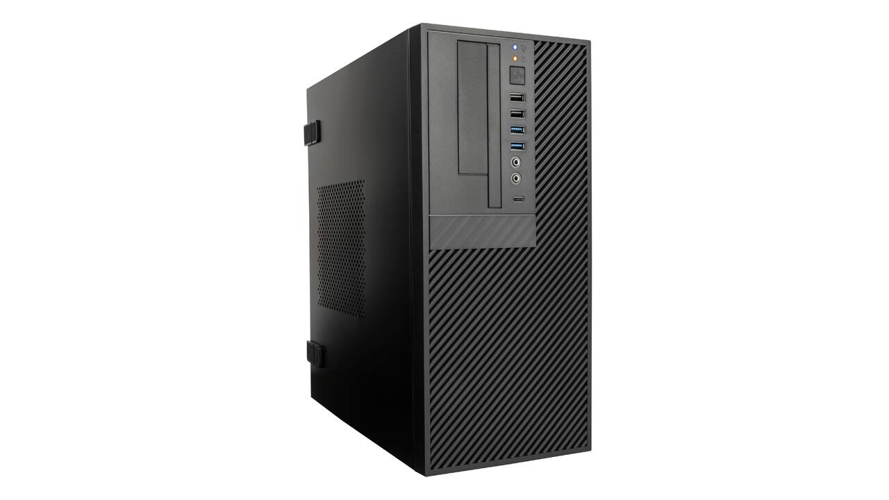 Front. In Win - CP712 15.5L Small Form Factor Micro-ATX Mini Tower PC Case with 450W ATX Power Supply and 2 x 92mm Fans Pre-Installed - Black.