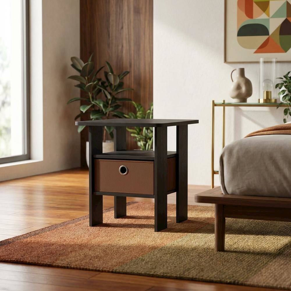 Left. FurniFact - Engineered Wood End Table Nightstand with Bin Drawer in Medium Brown - Americano/Medium Brown.