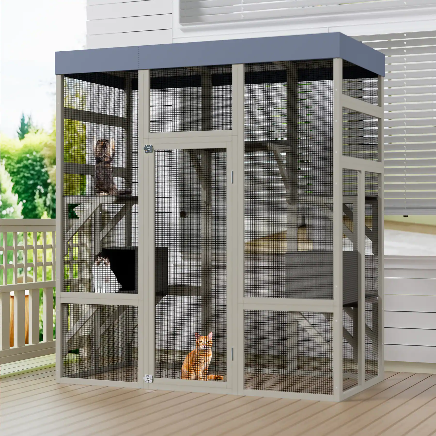 Alt View 1. Glintex - 62.6" Outdoor Wooden Catio for Cats, Waterproof Roof, 2 Cat Houses & Platforms, Secure Rust-Proof Wire Pet Cage.