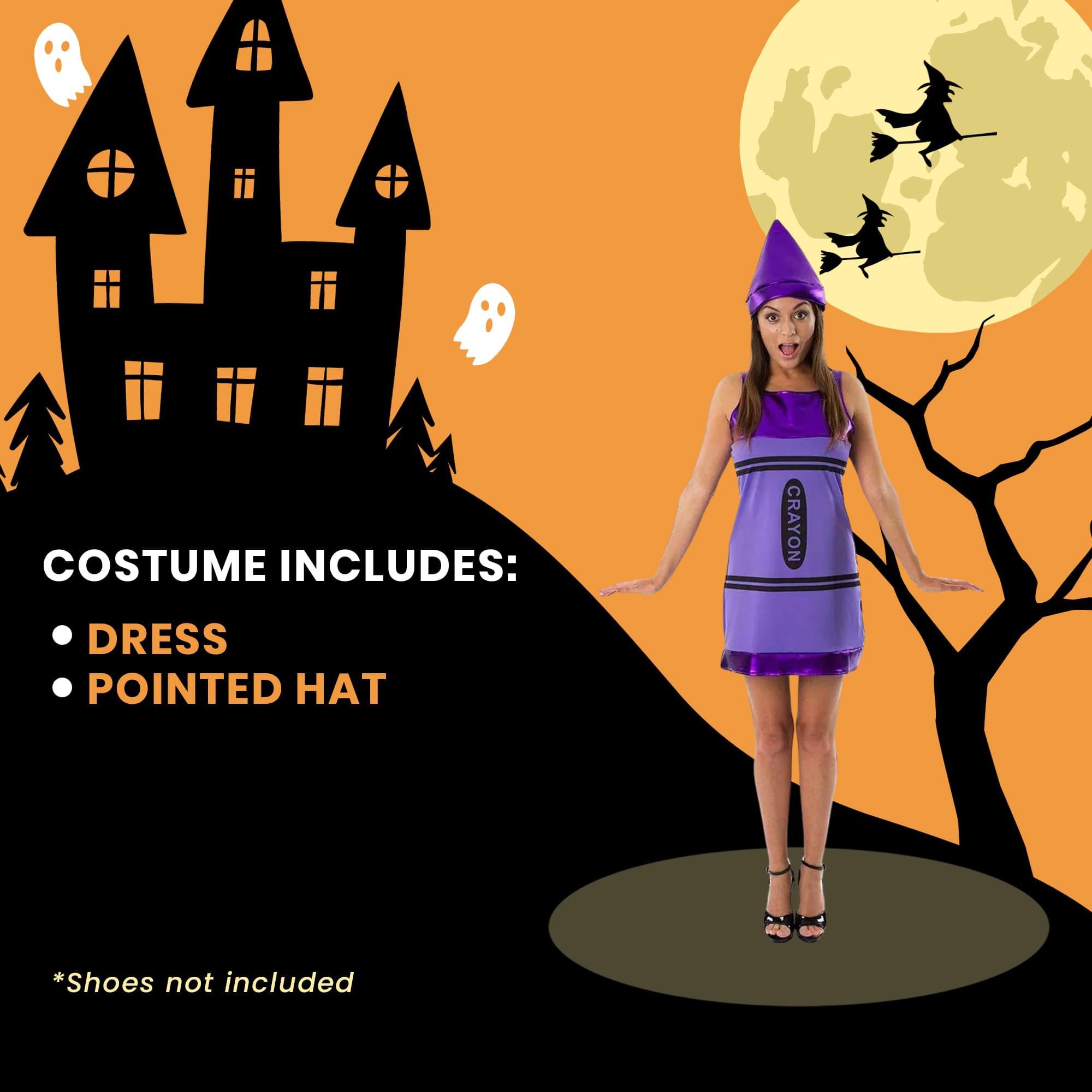COSTUME INCLUDES:  
- DRESS  
- POINTED HAT  

*Shoes not included