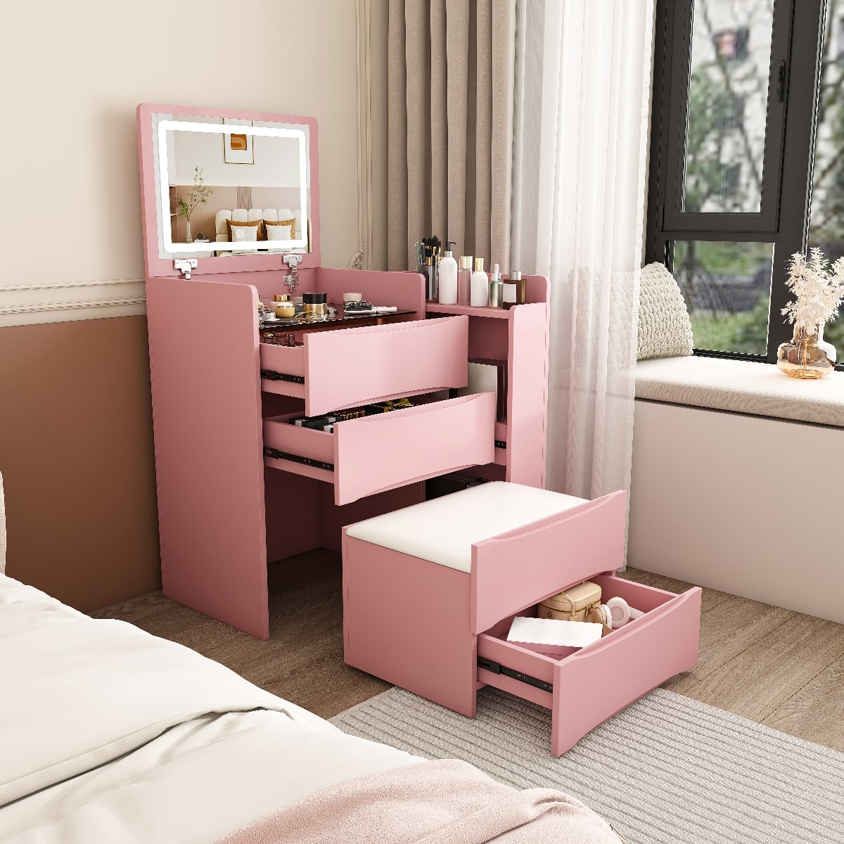 Loheer - 3-in-1 Flip Mirror Vanity Desk with Adjustable LED Lighting, MDF Bedroom Furniture - Pink