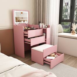 Loheer - 3-in-1 Flip Mirror Vanity Desk with Adjustable LED Lighting, MDF Bedroom Furniture - Pink