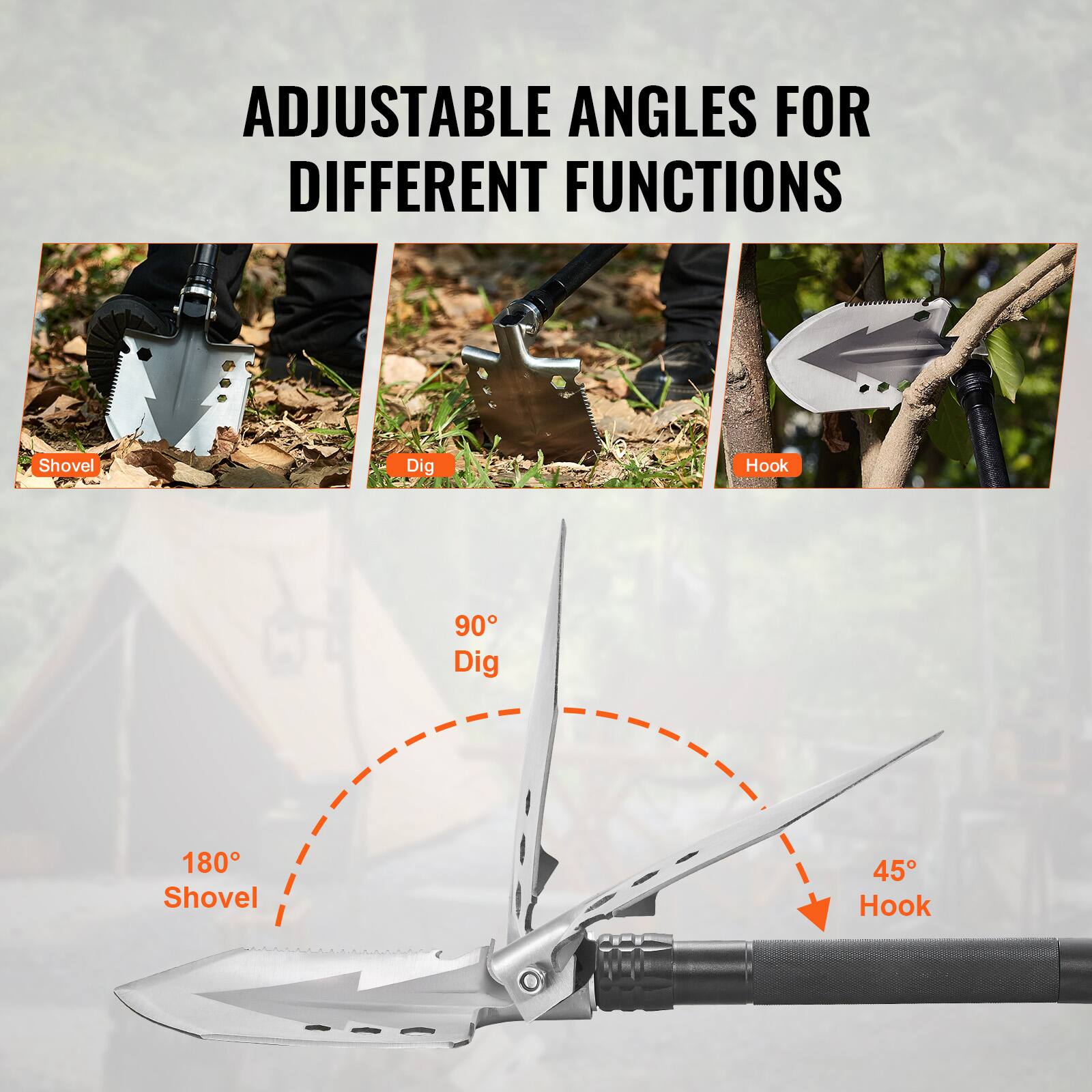 ADJUSTABLE ANGLES FOR DIFFERENT FUNCTIONS

- Shovel
- Dig
- Hook

90° Dig

180° Shovel

45° Hook