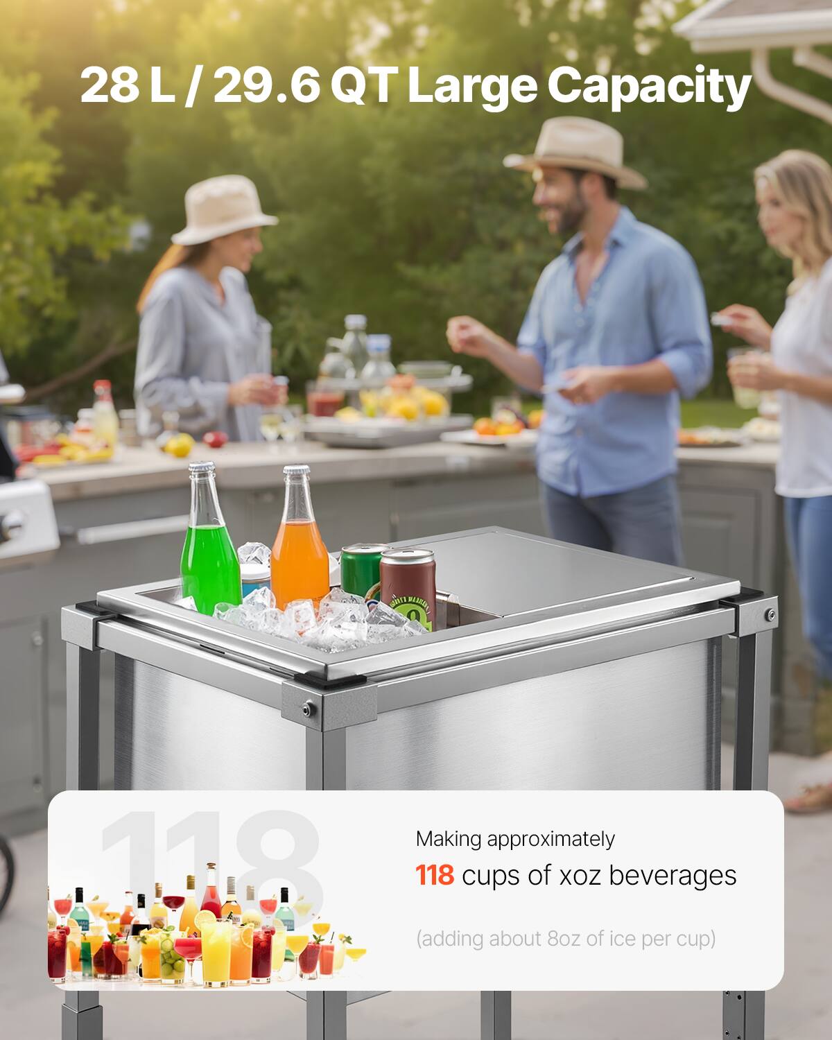 28 L / 29.6 QT Large Capacity

Making approximately 118 cups of 8oz beverages (adding about 8oz of ice per cup)