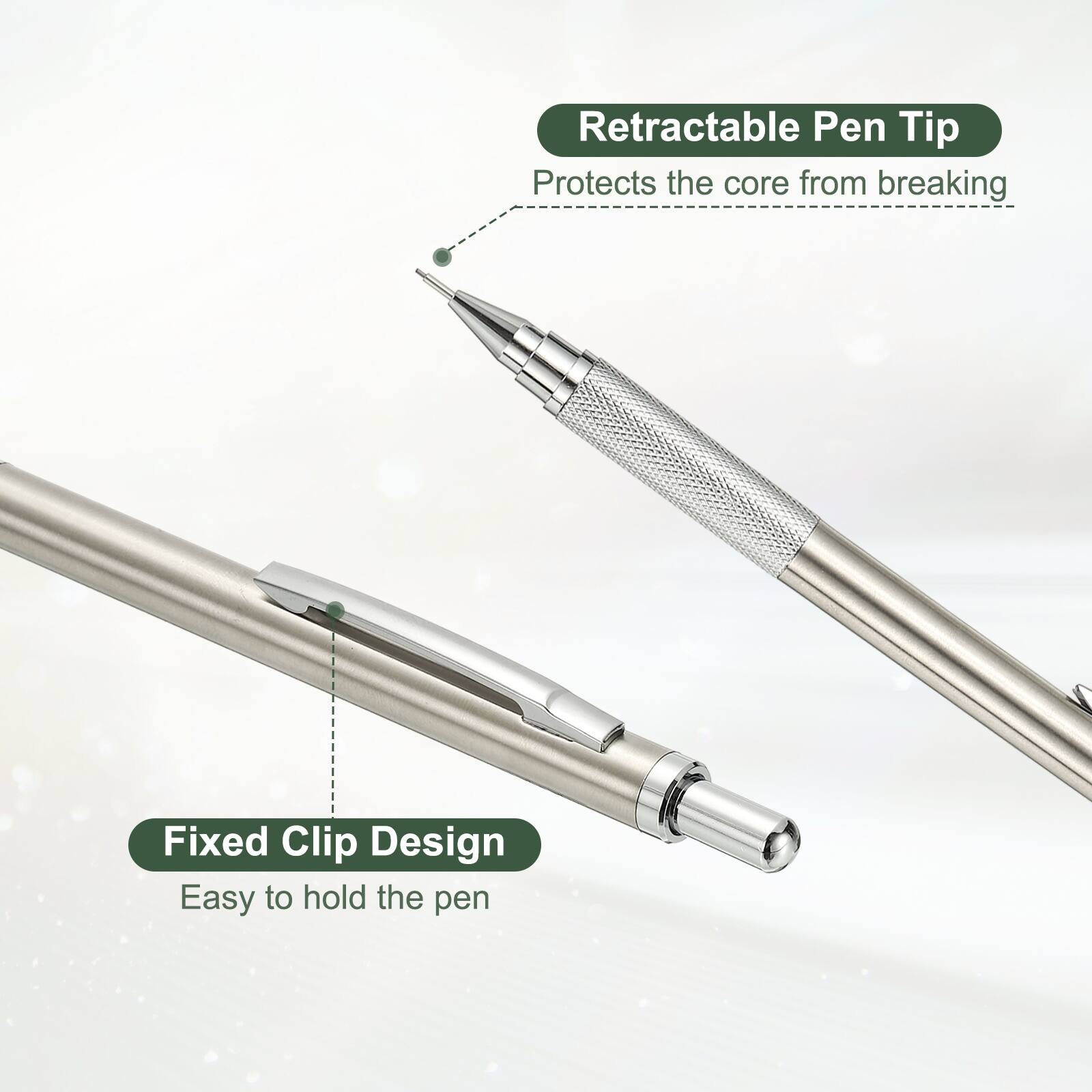 Retractable Pen Tip  
Protects the core from breaking  

Fixed Clip Design  
Easy to hold the pen