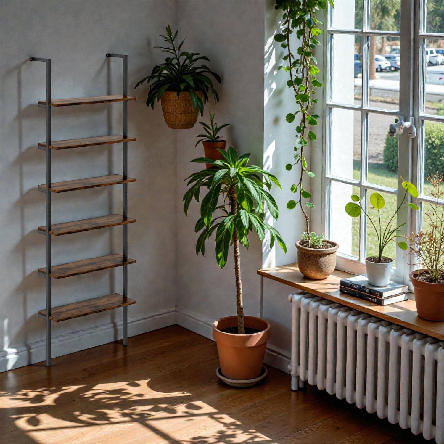 Hivvago - Modern 6-Tier Wall-Mount Storage Shelf with Ladder Design - Rustic Brown