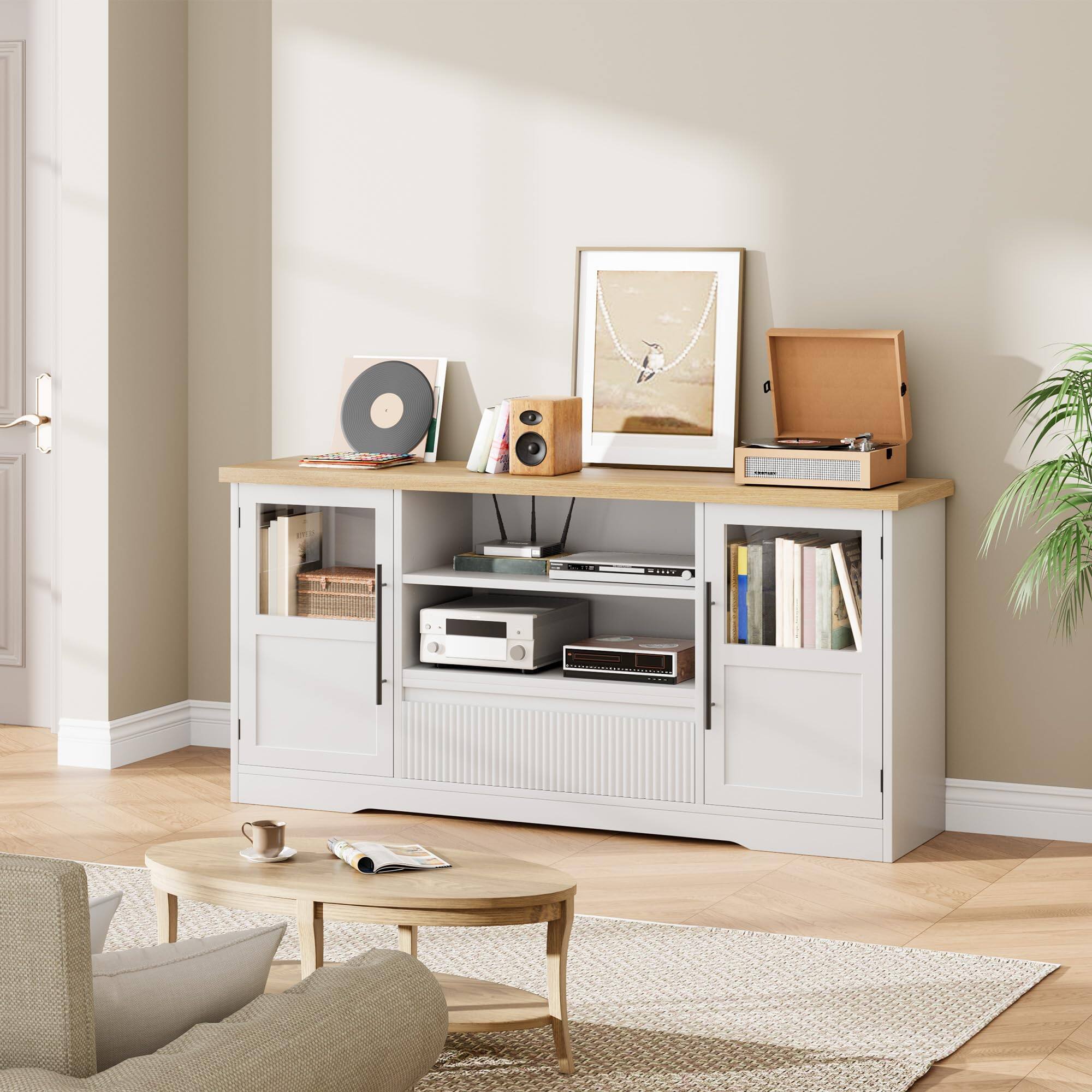 Left. Jojoka - 63" Farmhouse TV Stand for TVs up to 72", Wave-Pattern Media Console with Glass Cabinets & Open Shelves - White.