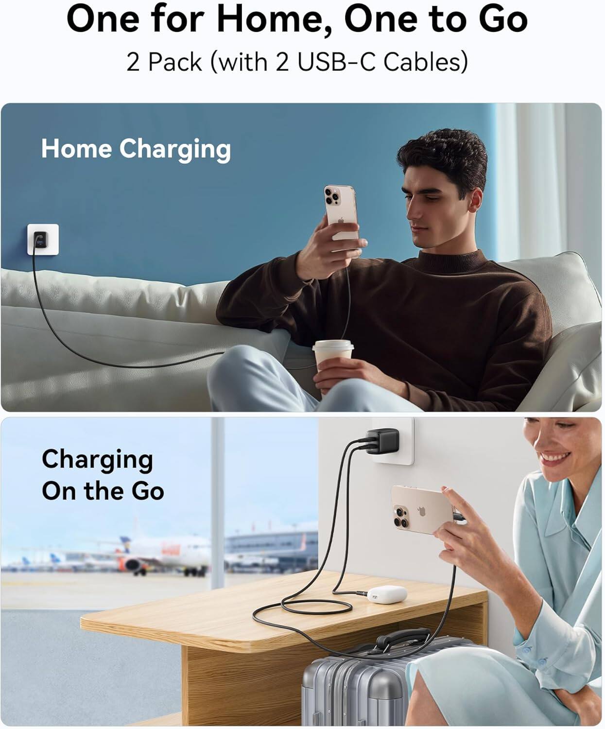 One for Home, One to Go 2 Pack (with 2 USB-C Cables) Home Charging Charging On the Go