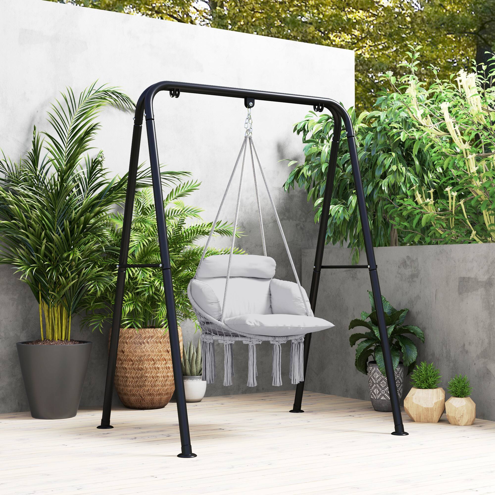 Alt View 7. Outsunny - Hammock Swing Chair, Outdoor Hanging Chair with Large Cushion, Cotton Rope Weaving Macrame Swing with Chain - Gray.
