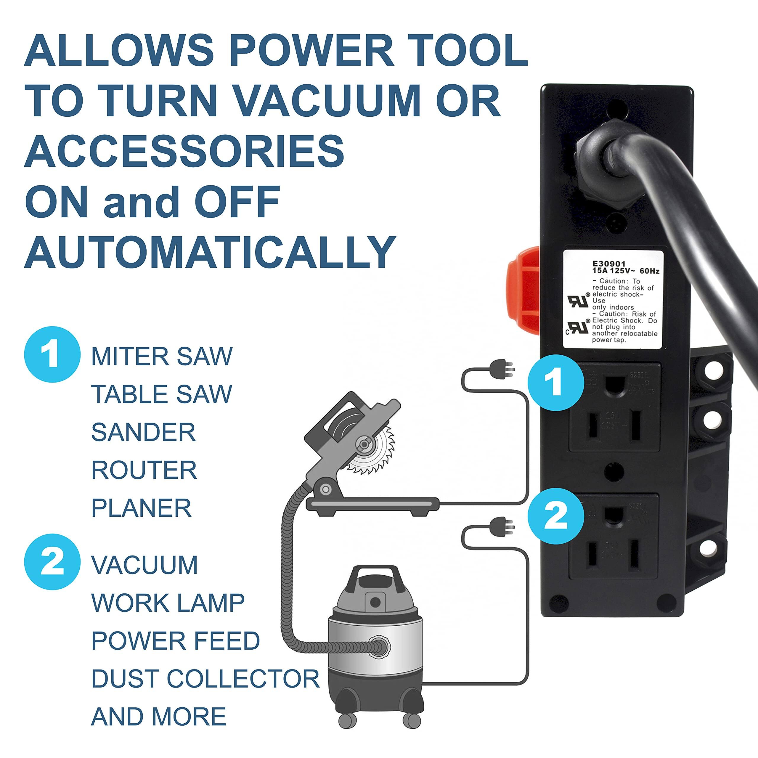 ALLOWS POWER TOOL TO TURN VACUUM OR ACCESSORIES ON and OFF AUTOMATICALLY

1. MITER SAW
2. TABLE SAW
3. SANDER
4. ROUTER
5. PLANER

2. VACUUM
3. WORK LAMP
4. POWER FEED
5. DUST COLLECTOR
6. AND MORE

Caution: To reduce the risk of electric shock, use only indoors. Caution: Risk of electric shock. Do not plug into a relocatable power tap.
