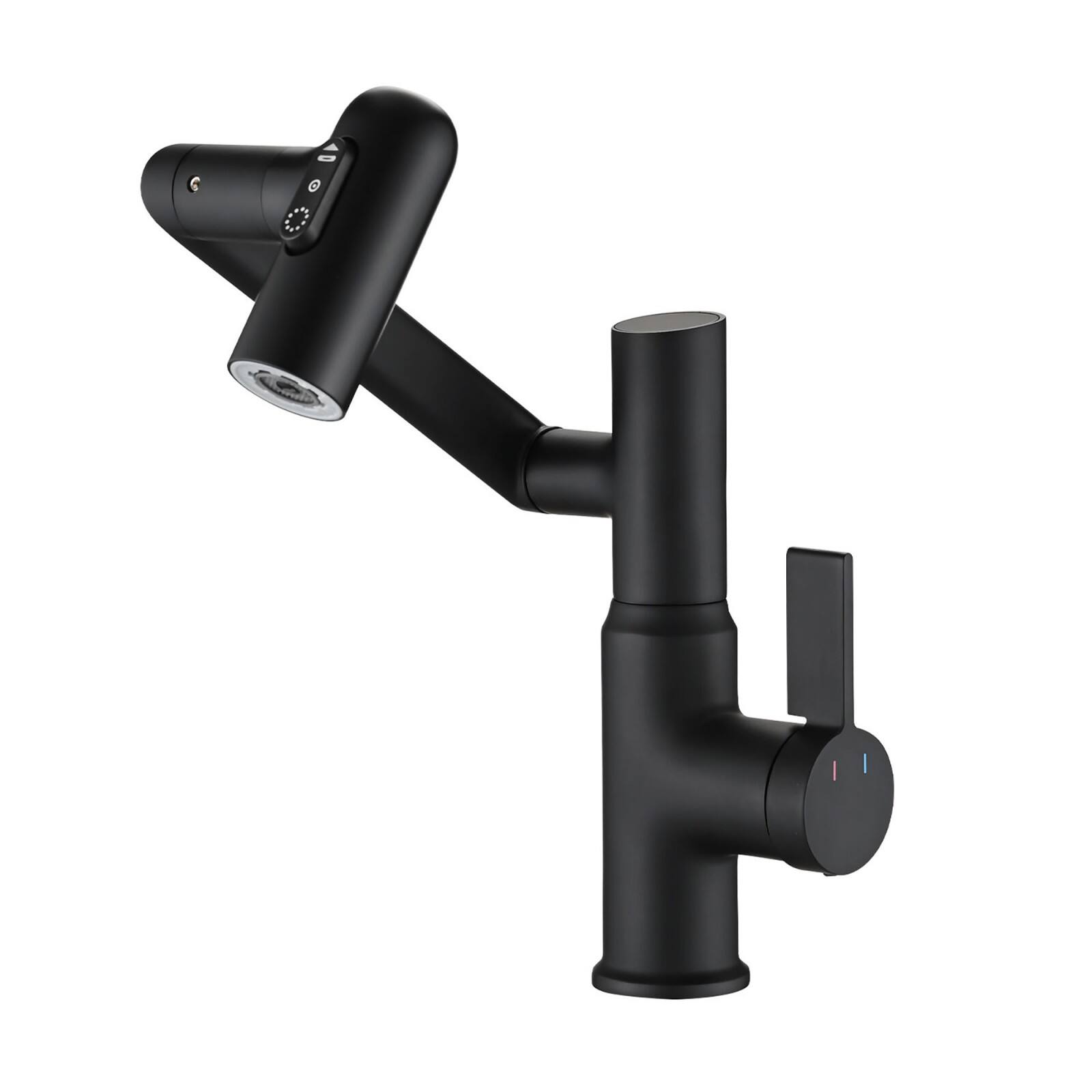 Front. Glintex - Bathroom Sink Faucet with Spray, Temperature Display, Anti-Slip Switch, Hot & Cold Controls, and 360° Swivel Spout - Matte Black.