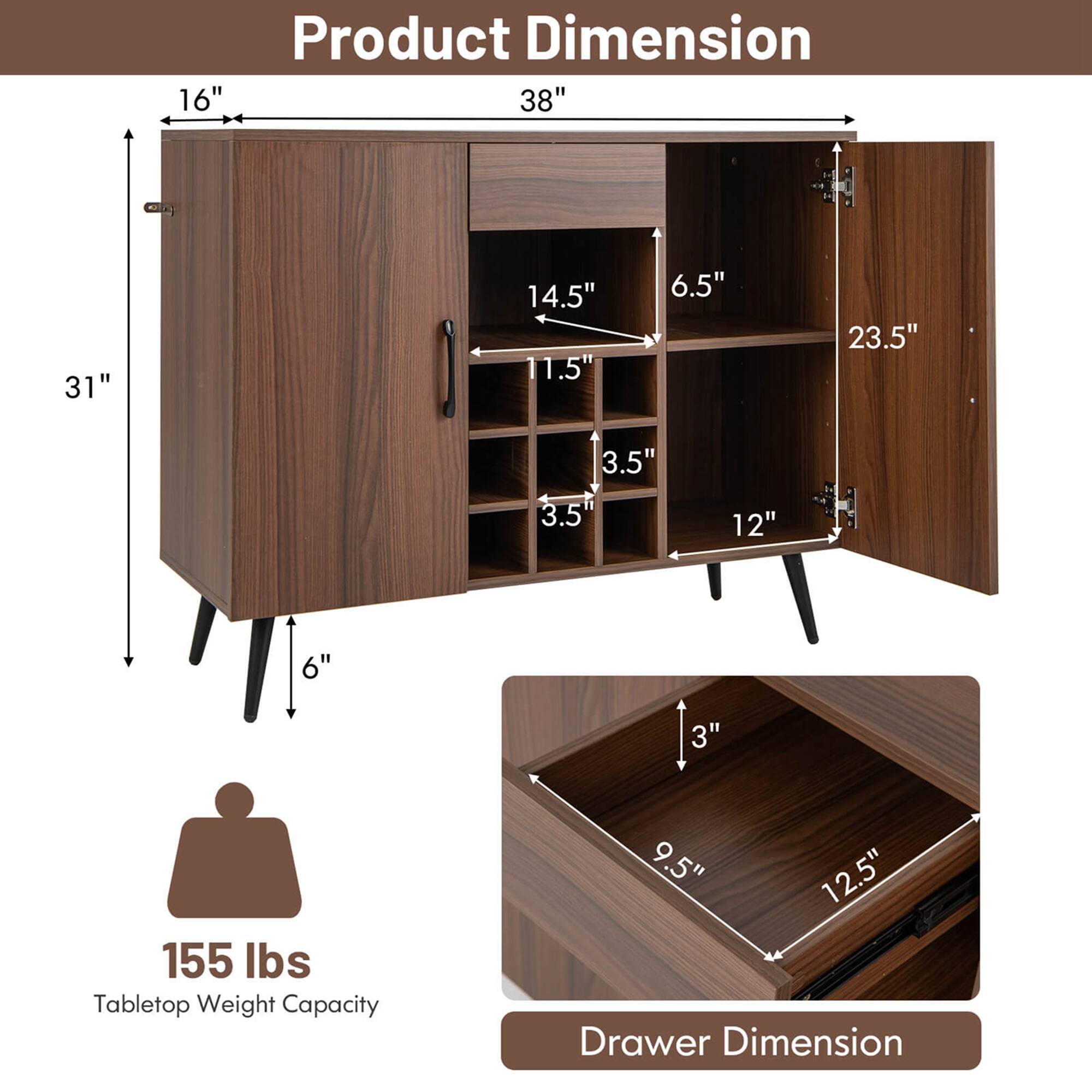 Product Dimension: 16" 38" 31" 14.5" 11.5" 6.5" 23.5" 3.5" 3.5" 12" 6" 3" 155 lbs Tabletop Weight Capacity: 9.5" 12.5" Drawer Dimension:
