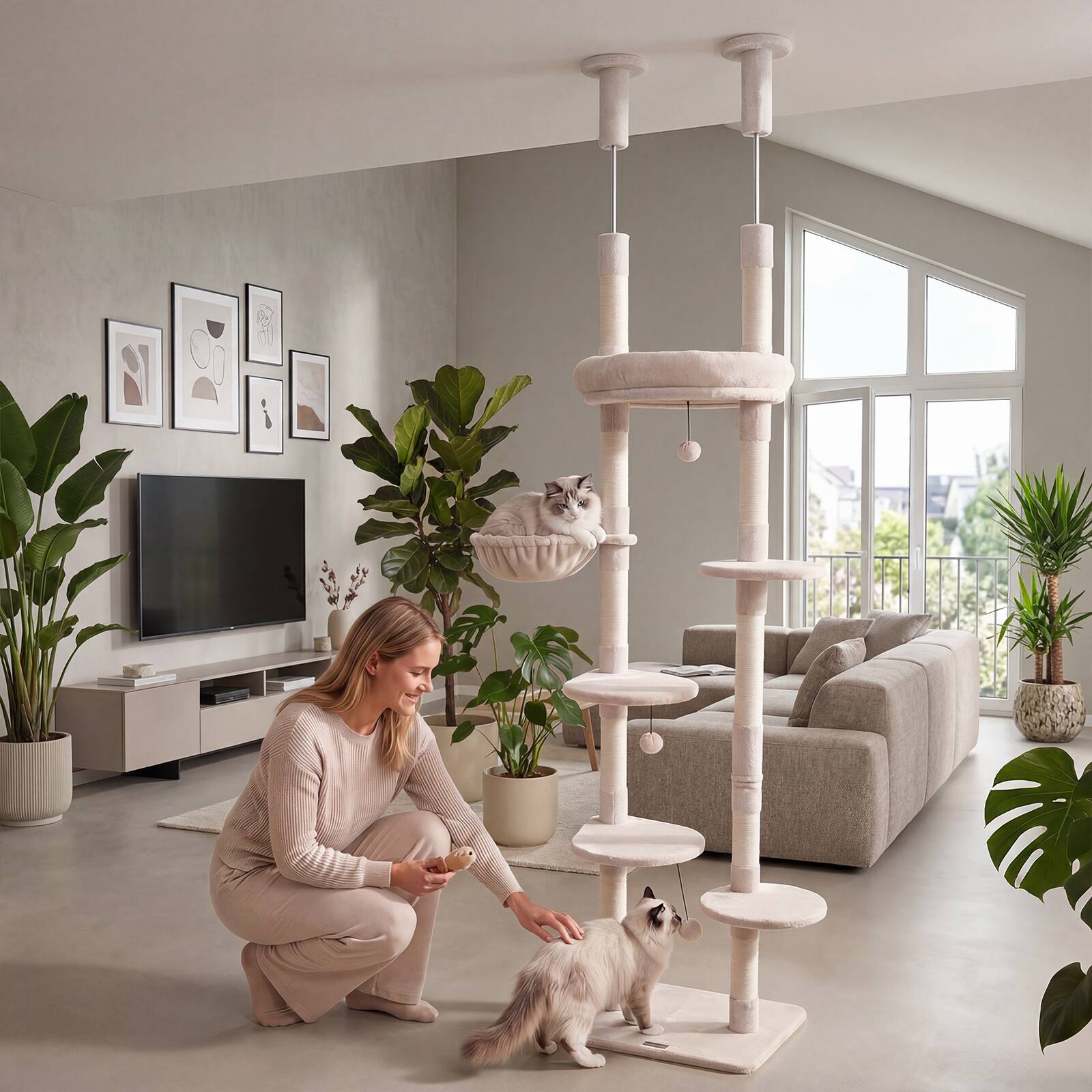 Alt View 3. Gymax - Gymax 6-tier Floor to Ceiling Cat Tree w/Plush Bed Hammock Sisal Scratching Posts Beige.