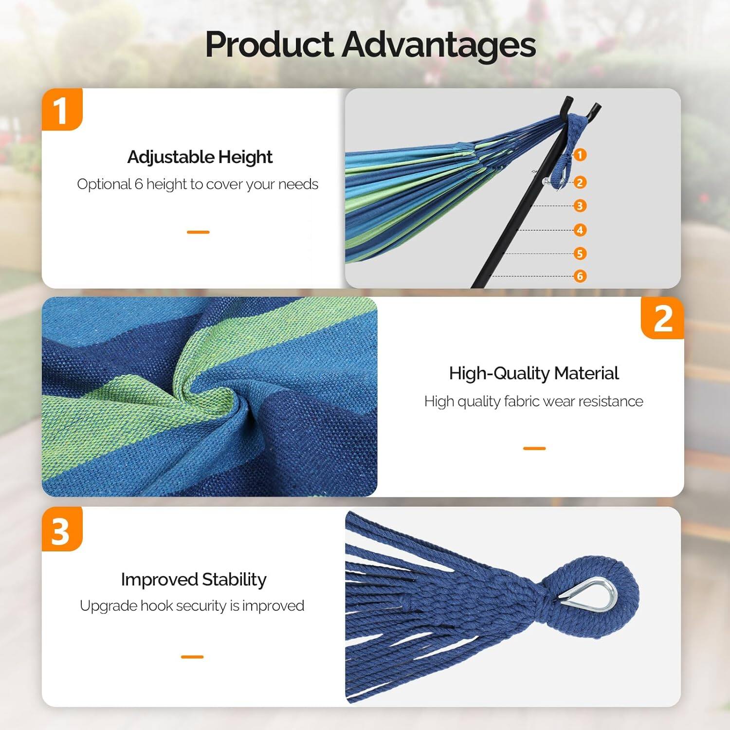 Product Advantages

1. Adjustable Height  
   Optional 6 height to cover your needs

2. High-Quality Material  
   High quality fabric wear resistance

3. Improved Stability  
   Upgrade hook security is improved