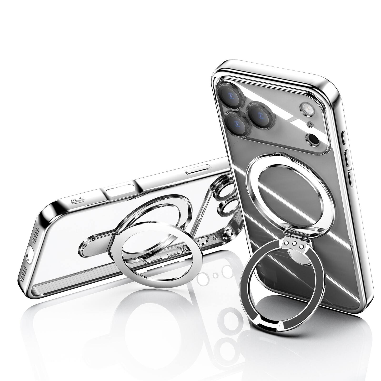 Left. Dteck - Dteck MagSafe Compatible Case for Apple iPhone 17 Pro Max with Plating Ring Stand Lens Protection Cover - Silver.