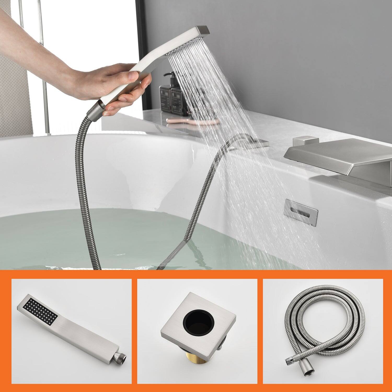 Alt View 2. Boyel Living - Brushed Nickel Polygonal Bathtub Faucet with Handheld Shower and Waterfall Outlet Cold and Hot Dual Control - Brushed Nickel.