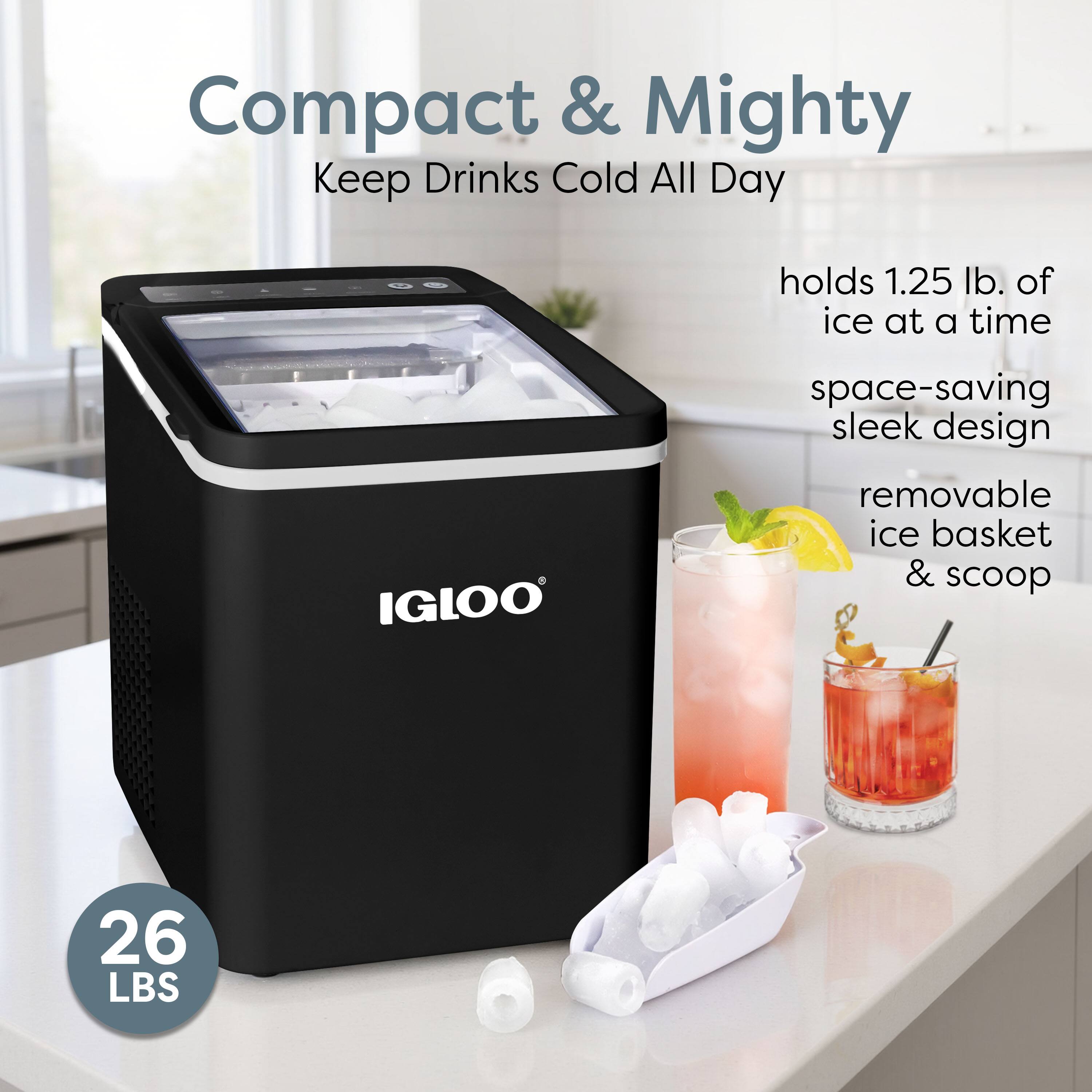 Compact & Mighty  
Keep Drinks Cold All Day  

- holds 1.25 lb. of ice at a time  
- space-saving sleek design  
- removable ice basket & scoop  

26 LBS