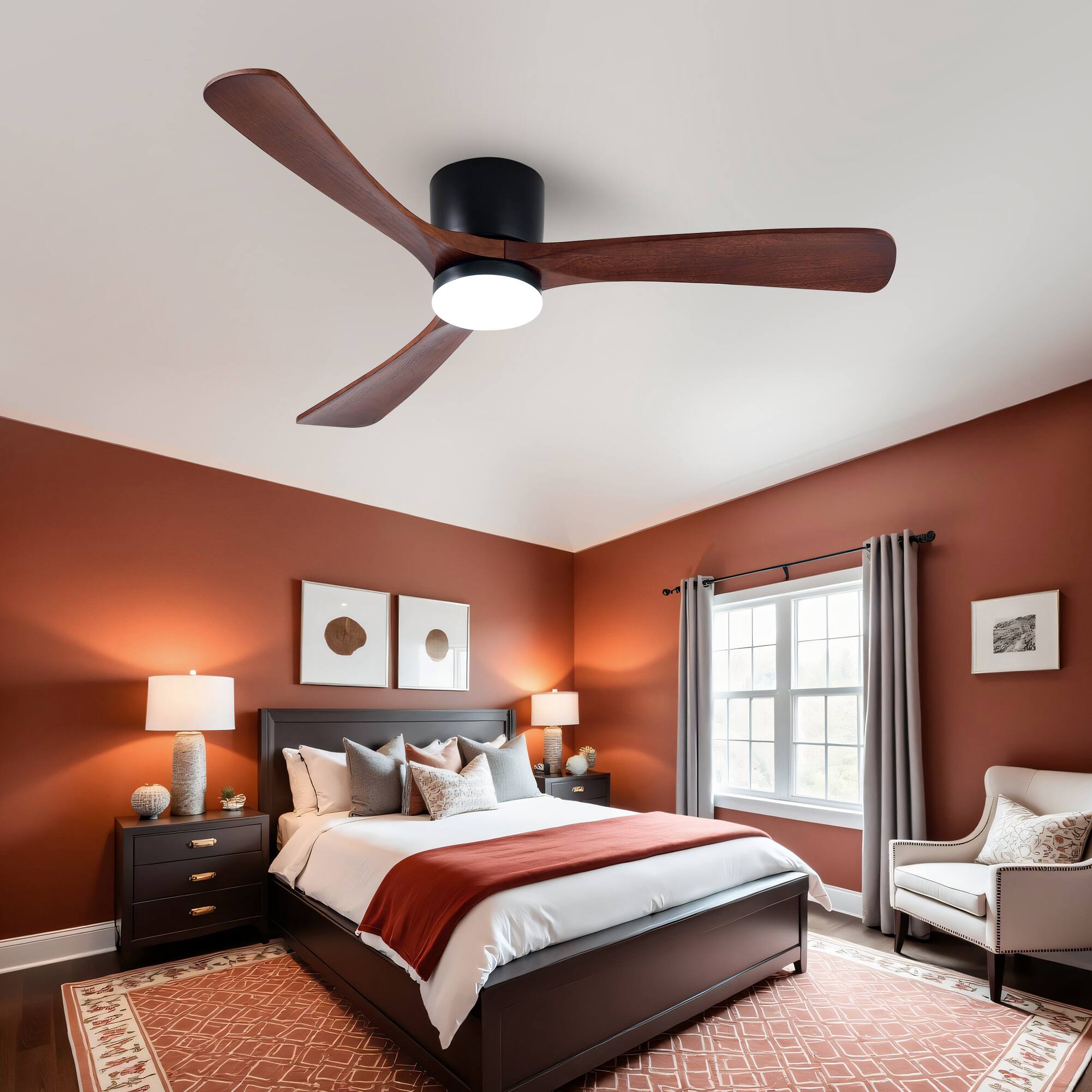 Alt View 4. Domanki - 52" Wood Ceiling Fan with Lights Remote, Reversible DC Motor 6-Speed, 3 Blades Low Profile Flush Mount Ceiling Fans - Black.