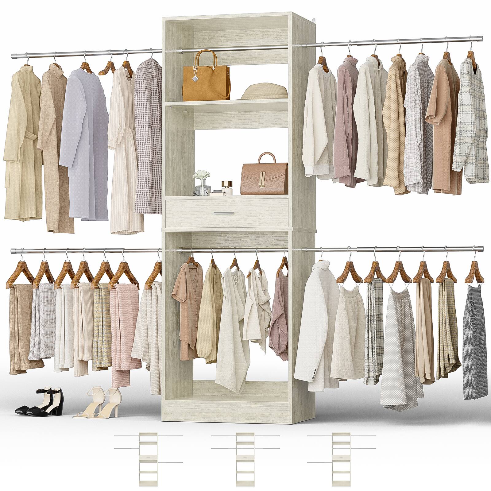 Back. Aheaplus - 2-8 ft Closet Organizer System with 6 Hanging Rods, Wardrobe System with Drawer and Shelves for Storage & Organizers - Beige Oak.