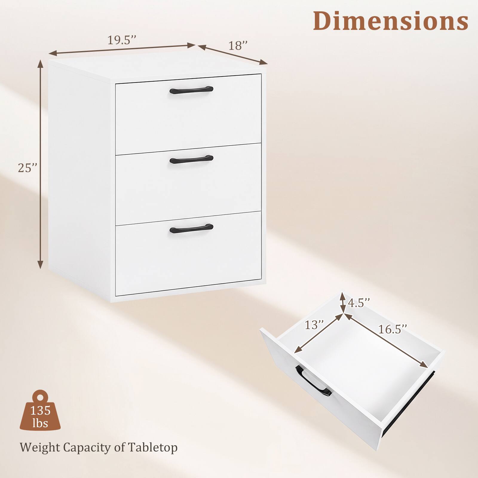 Dimensions
19.5"
18"
25"
4.5"
13"
16.5"

Weight Capacity of Tabletop
135 lbs