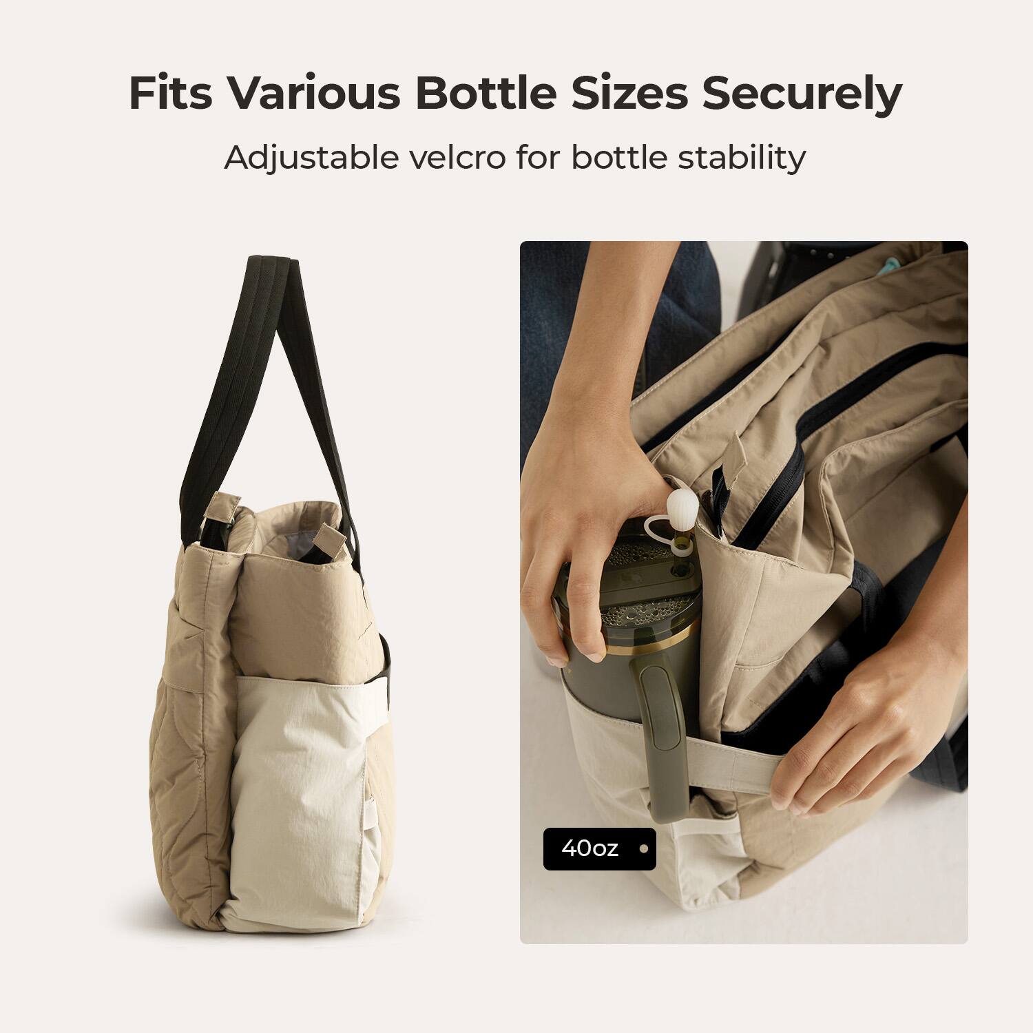 Fits Various Bottle Sizes Securely  
Adjustable velcro for bottle stability  
40oz