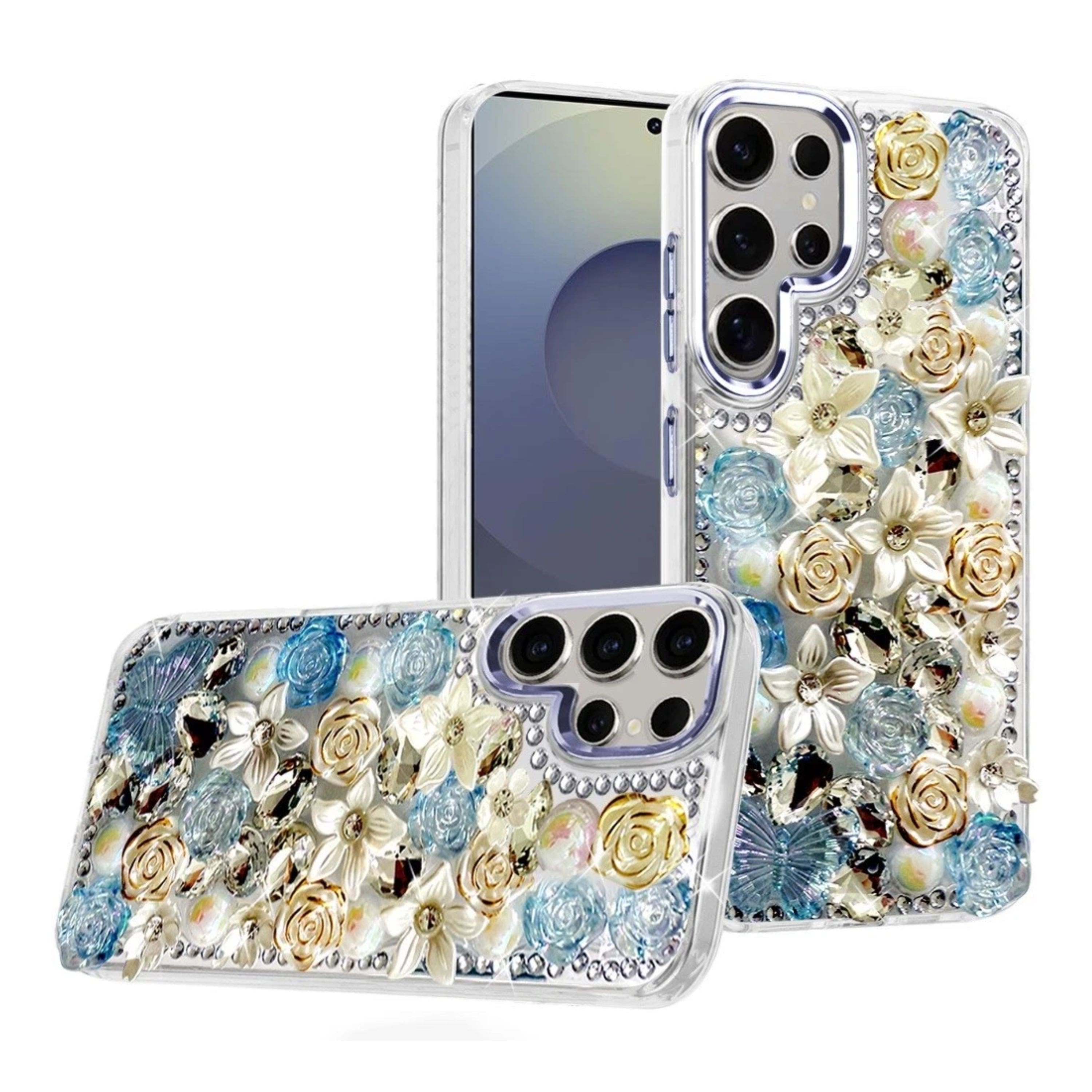 Kitcheniva - Full Floral Arrangement 3D Bling Design Phone Case With Tempered Glass For Samsung Galaxy S25 Ultra - Blue