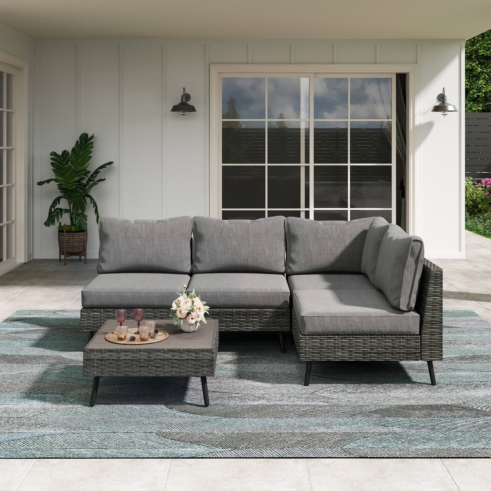 Angle. Yardgrace - 5-Piece PE Rattan Wicker Outdoor Sectional Sofa Set, All-Weather with Thick Cushions for Garden - Grey.