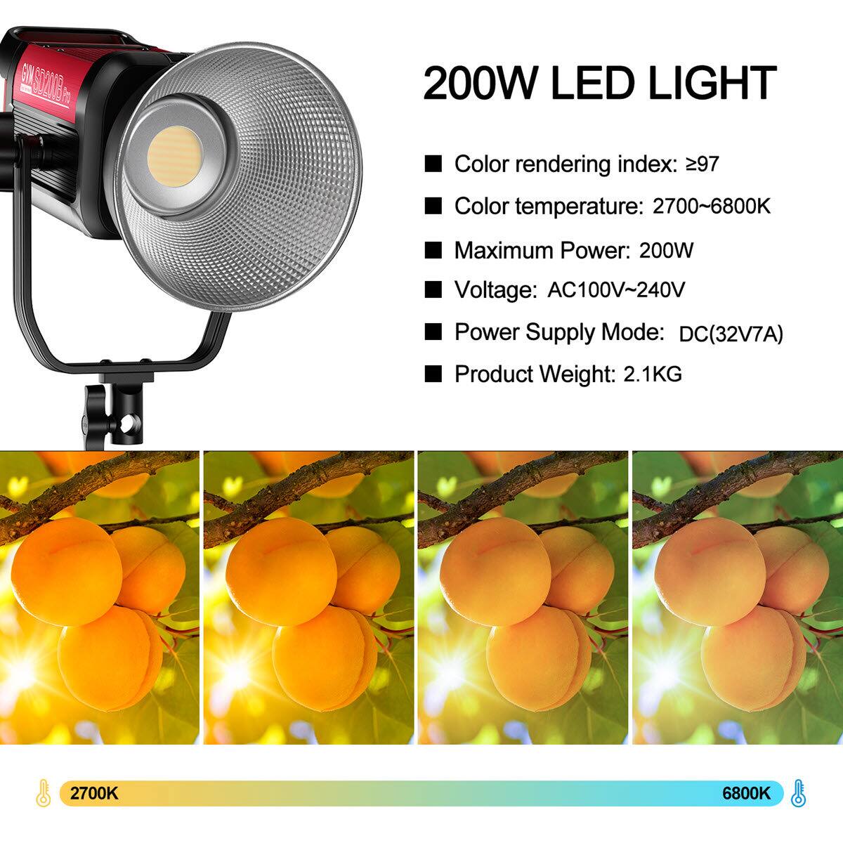 GIN SS2AB 200W LED LIGHT

- Color rendering index: ≥97
- Color temperature: 2700~6800K
- Maximum Power: 200W
- Voltage: AC100V-240V
- Power Supply Mode: DC(32V7A)
- Product Weight: 2.1KG

2700K 6800K