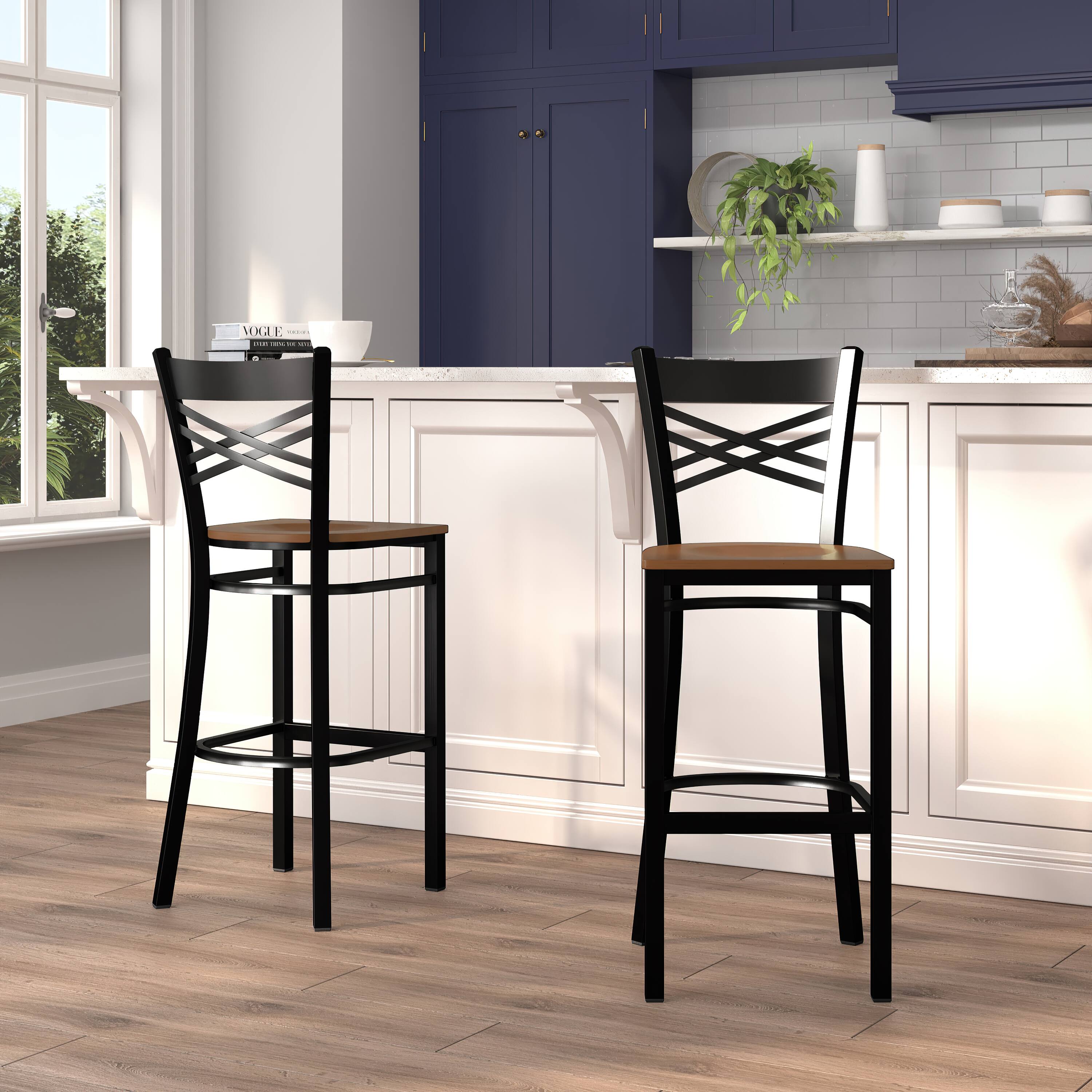 Alt View 1. Emma + Oliver - 2 Pack "X" Back Metal Restaurant Barstool - Cherry Wood Seat/Black Metal Frame.