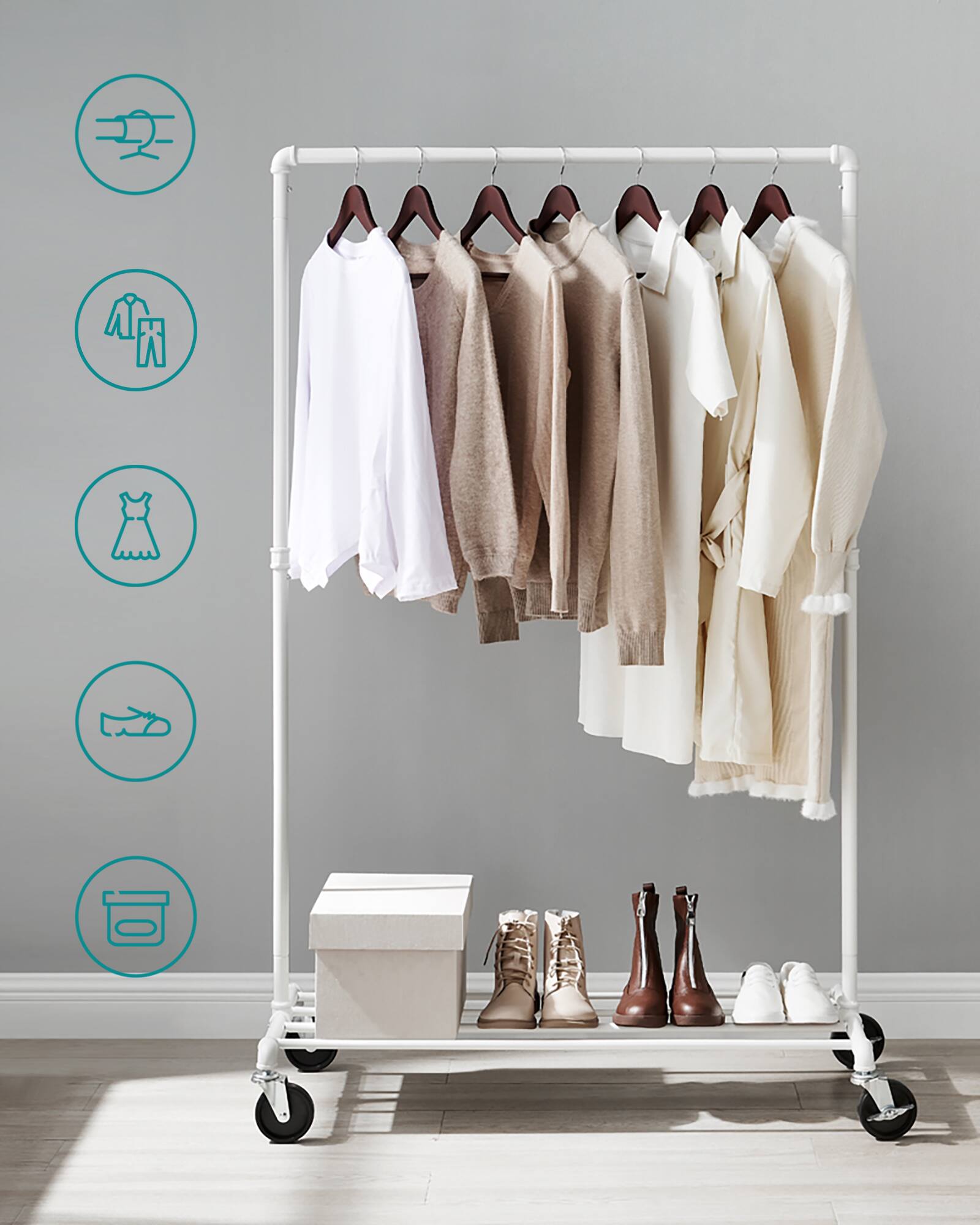 Back. Songmics Home - Heavy-Duty Clothes Rack, Clothing Rack for Hanging Clothes, Industrial Garment Rack on Wheels, Metal Frame - Matte White.