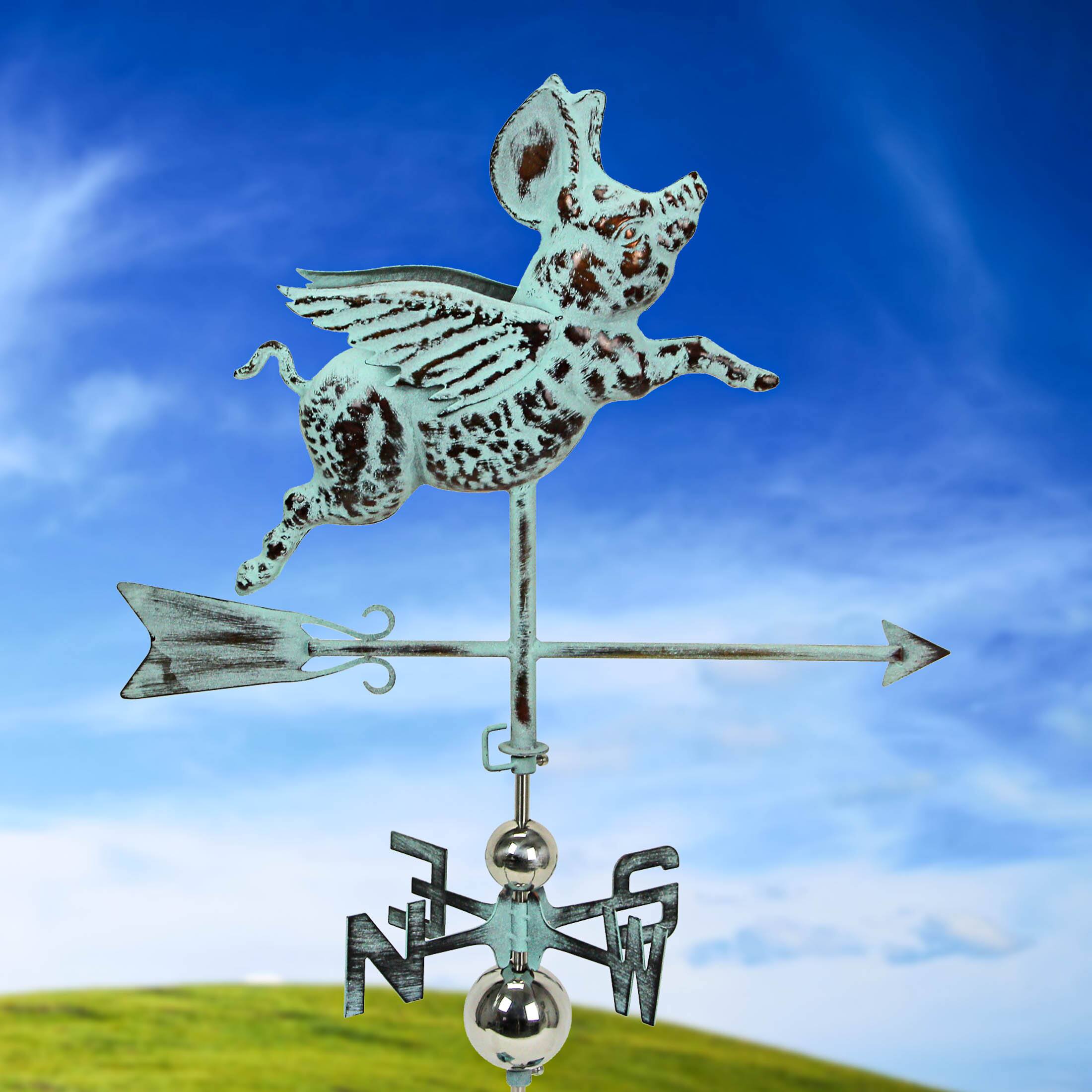 Alt View 4. Things2Die4 - Verdigris Copper Flying Pig Weathervane Roof Mount Home Garden Decor Art Sculpture - Teal.