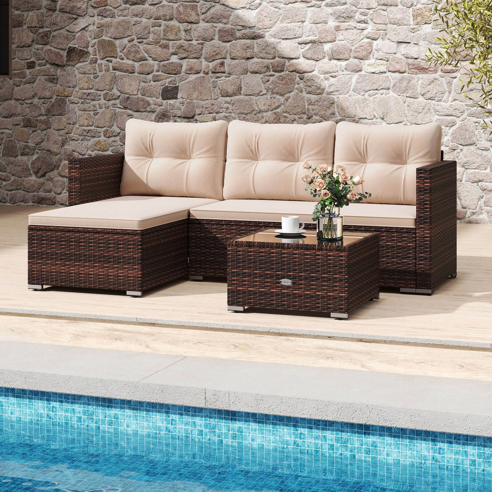 Alt View 1. Costway - Costway 4 Seats Outdoor Wicker Furniture Set with Tempered Glass Coffee Table & Soft Cushions - Brown.