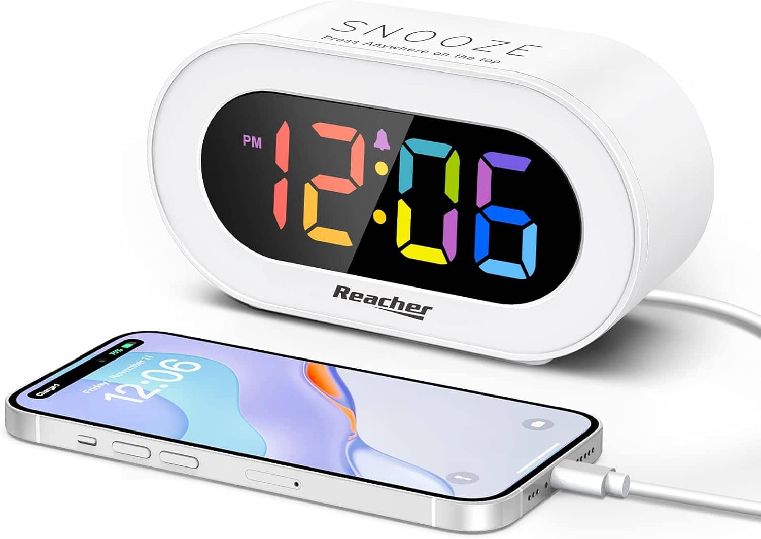 Stamp n Camp - REACHER Small LED Digital Alarm Clock with Simple Operation, Full Range Brightness Dimmer, USB Phone Charger Port, Easy - White+colorful Digit