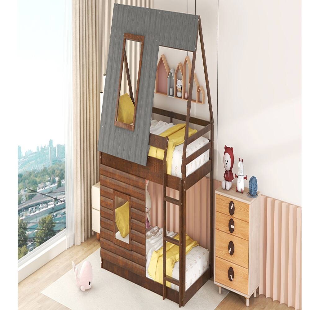 Alt View 4. Loheer - Loheer Wood Twin Over Twin House Bunk Bed with Roof and Windows Oak - Oak & Smoky Grey.