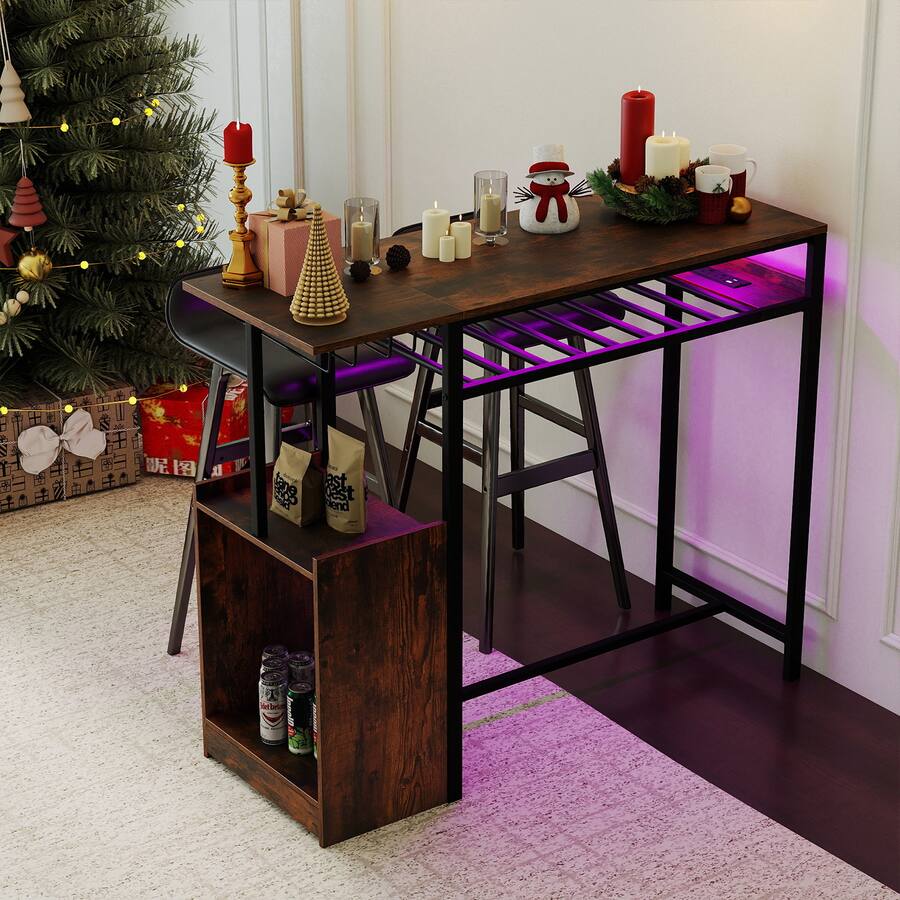 Gymax Rectangular Bar Table w/ Charging Station LED Light Wine Rack 2 ...