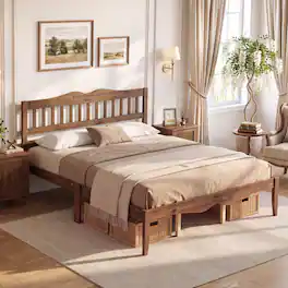 Costway - Queen Size Platform Bed with Headboard, Solid Wood Frame, Sturdy Wood Slat Support - Walnut