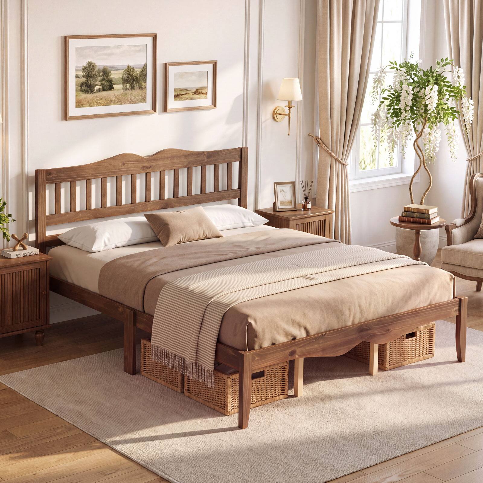 Front. Costway - Costway Queen Size Platform Bed with Headboard, Solid Wood Frame, Sturdy Wood Slat Support - Walnut.