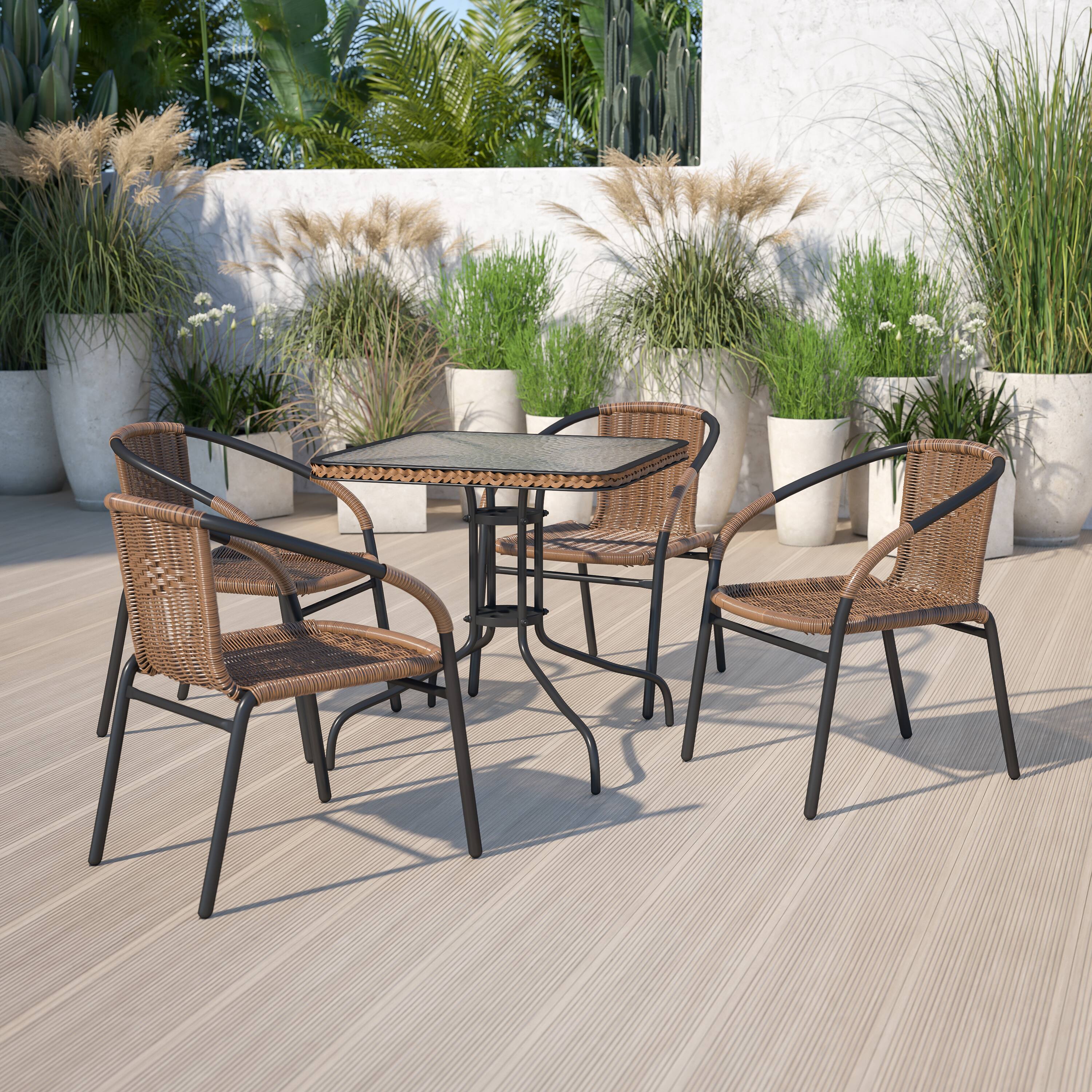 Alt View 1. Emma + Oliver - 28" Square Tempered Glass Metal Table with Rattan Edging - Clear Top/Dark Brown Frame.