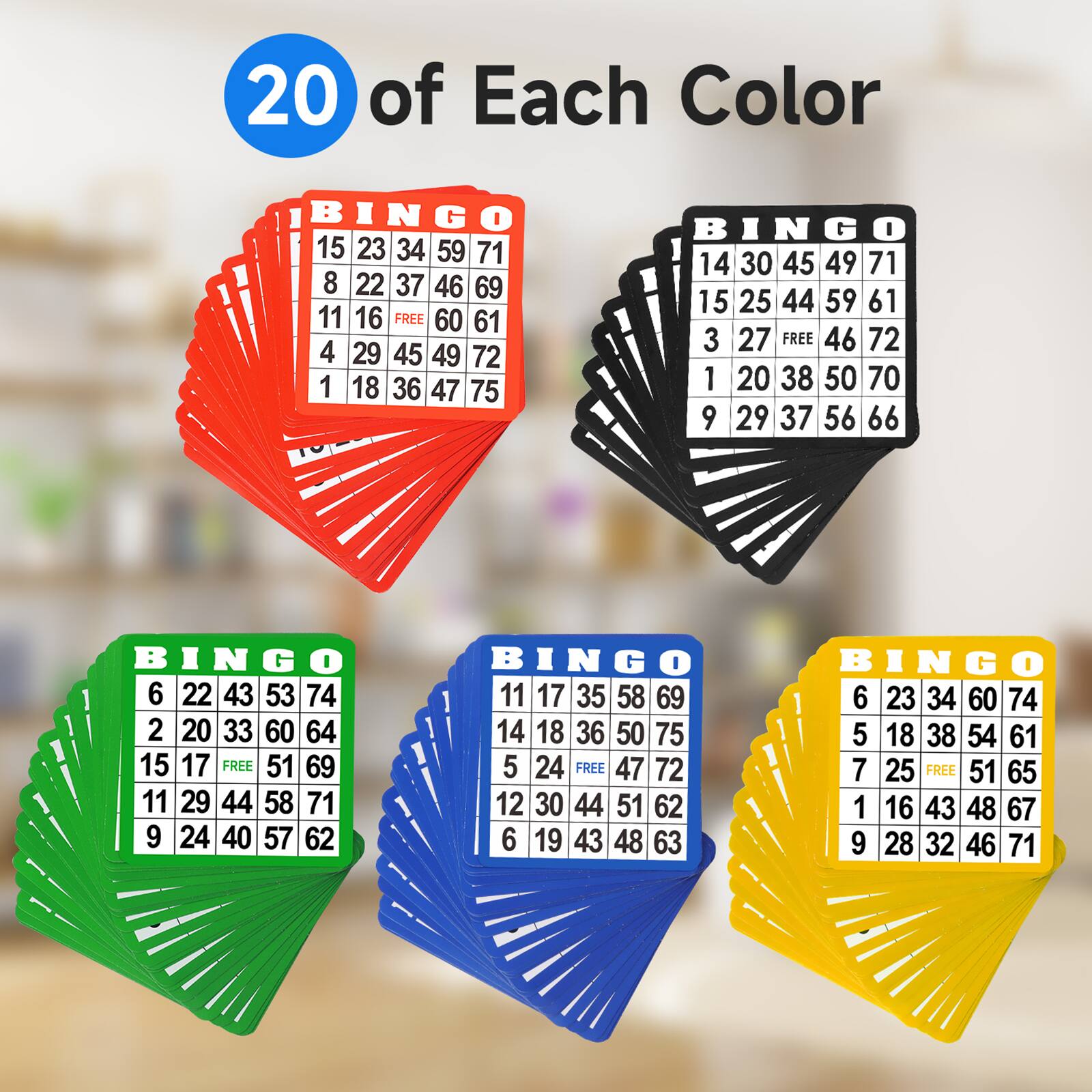 Red Bingo Card:
15 23 34 59 71 8 22 37 46 69 11 16 FREE 60 61 4 29 45 49 72 1 18 36 47 75

Black Bingo Card:
14 30 45 49 71 15 25 44 59 61 3 27 FREE 46 72 1 20 38 50 70 9 29 37 56 66

Green Bingo Card:
6 22 43 53 74 2 20 33 60 64 15 17 FREE 51 69 11 29 44 58 71 9 24 40 57 62

Blue Bingo Card:
11 17 35 58 69 14 18 36 50 75 5 24 FREE 47 72 12 30 44 51 62 6 19 43 48 63

Yellow Bingo Card:
6 23 34 60 74 5 18 38 54 61 7 25 FREE 51 65 1 16 43 48 67 9 28 32 46 71