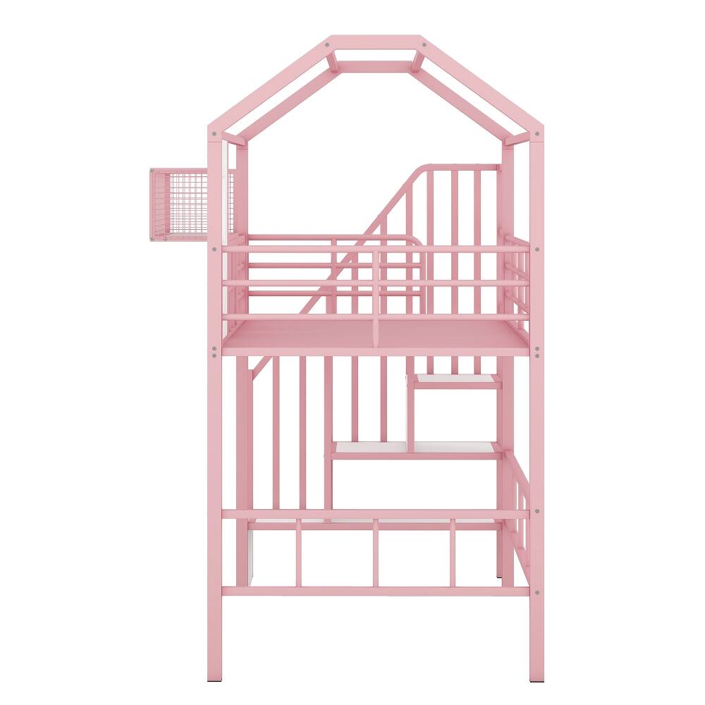 Alt View 9. Loheer - Loheer Metal Loft Bed Twin Size Pink House Bed with Storage - Pink.