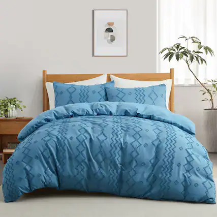 Front. Nest - Peace Nest Tufted Clipped Jacquard Geometric Duvet Cover Diamond Pattern Bedding Set with Pillowcase - Navy.