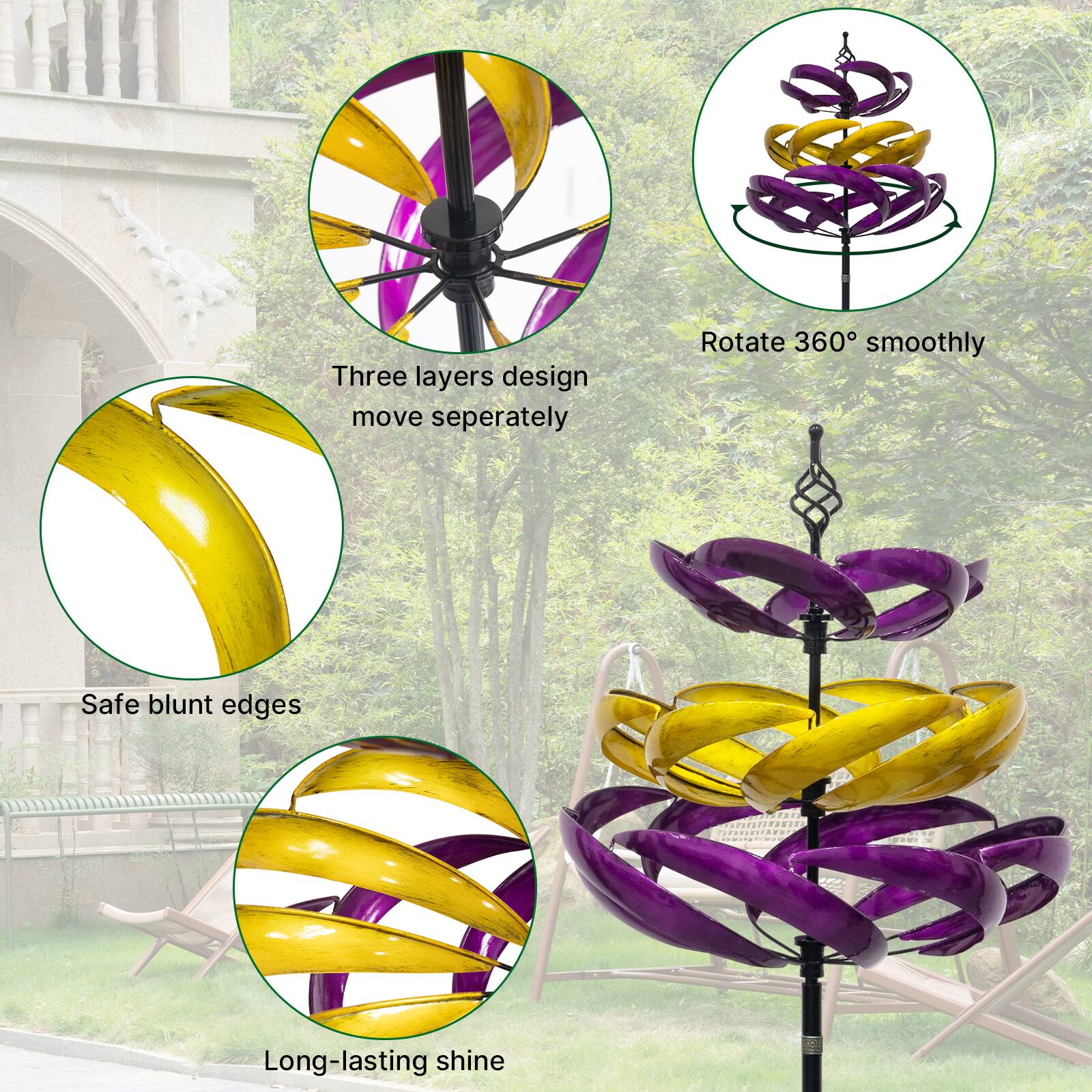 Three layers design move separately  
Rotate 360° smoothly  
Safe blunt edges  
Long-lasting shine