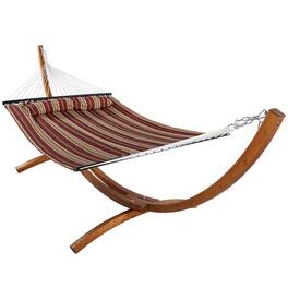 Sunnydaze - 2-Person Quilted Hammock with Curved Wooden Stand - Red Stripe