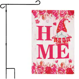 G128 - Combo Pack: Garden Flag Stand 36 x 16 in & 12 x 18 in Double-Sided Blockout Flag, Valentine Gnome Holding Love Sign - Assorted Colors