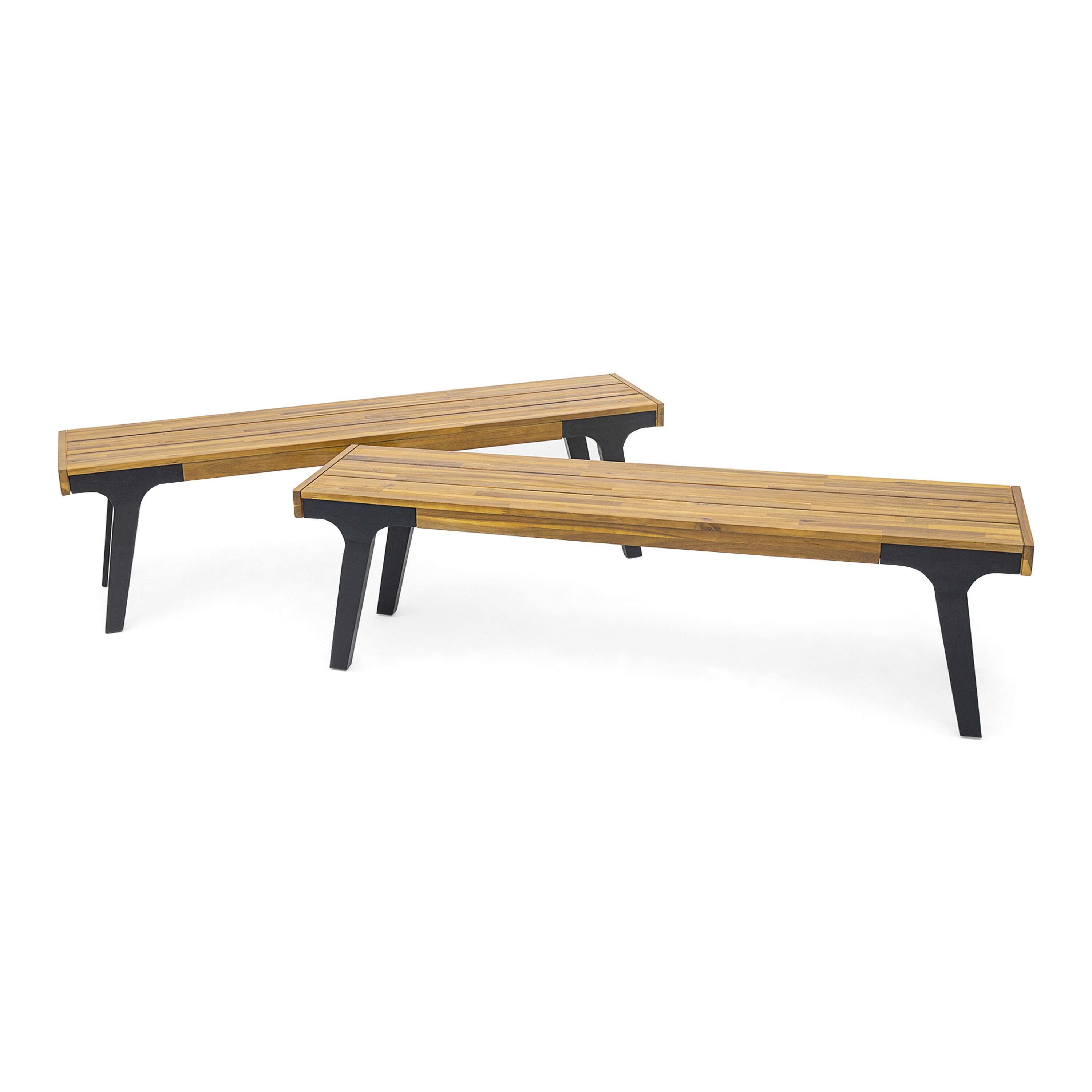 Left. Mondawe - Set of 2 Outdoor Acacia Wood Dining Bench - Teak+ Black.