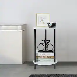 Oumilen - Set of 2 Round Side Tables – 2-Tier End Table with Black Metal Legs, Accent Nightstand for Sofa Bedroom - White